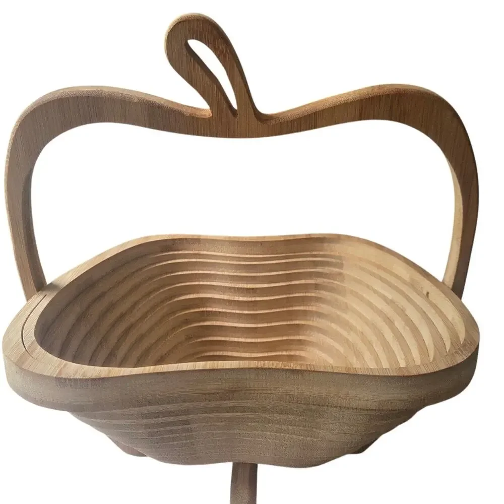VTG Apple Shaped Collapsible Bamboo Fruit Basket Farmhouse Cottage Kitchen Decor
